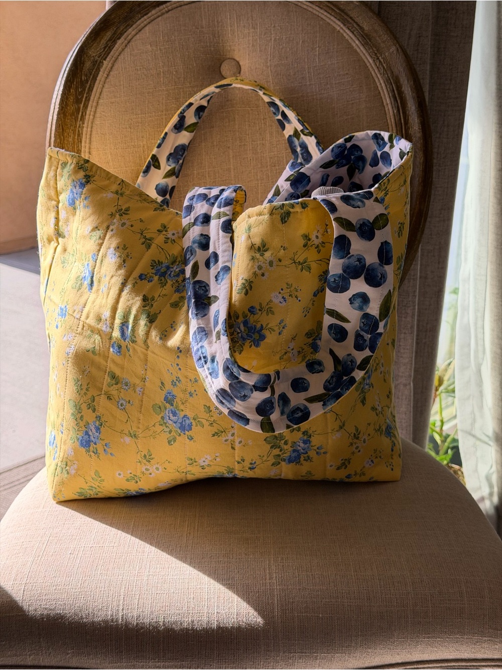 Yellow Floral Quilted Tote with Blue Accents
